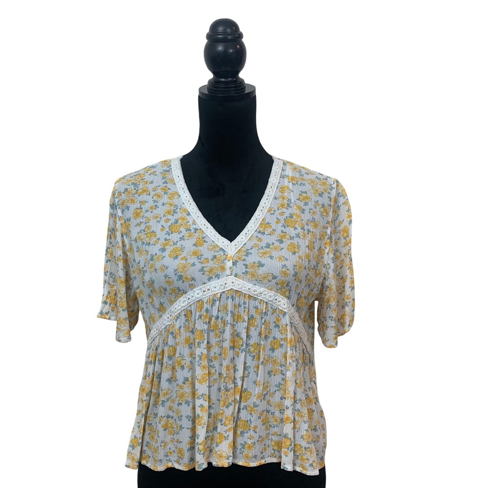 Hippie Rose Womens L Floral Babydoll Top Yellow Blue Crochet Lace V-Neck Flowy